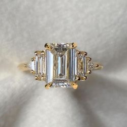 Art Deco Emerald Cut White Sapphire Engagement Ring For Women