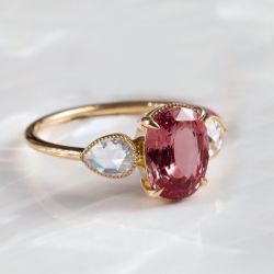 Golden Oval Cut Pink Sapphire Three Stone Engagement Ring For Women