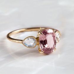 Golden Oval Cut Pink Sapphire Three Stone Engagement Ring For Women