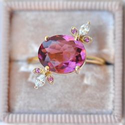 Golden Oval Cut Pink Sapphire Engagement Ring For Women