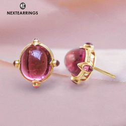 Art Deco Golden Oval Cabochon Cut Red Sapphire Stud Earrings For Women