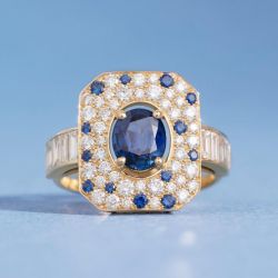 Art Deco Oval Cut Blue & White Sapphire Engagement Ring For Women