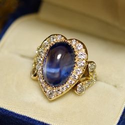 Heart Design Oval Cut Cabochon Blue Sapphire Engagement Ring For Women