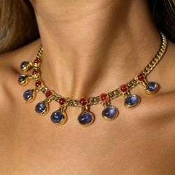 Antique Golden Oval & Round Cut Cabochon Blue & Ruby Sapphire Necklace