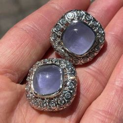 Halo Cushion Cut Cabochon Light Purple Sapphire Stud Earrings For Women