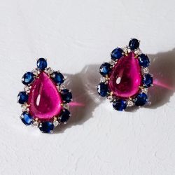 Unique Pear Cut Cabochon Pink Sapphire Stud Earrings For Women