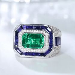 Double Halo Emerald Cut Emerald Sapphire Engagement Ring