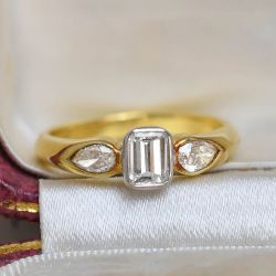Two Tone Three Stone Emerald & Pear Cut White Sapphire Engagement Ring