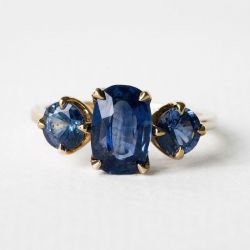 Golden Cushion & Round Cut Blue Sapphire Three Stone Engagement Ring