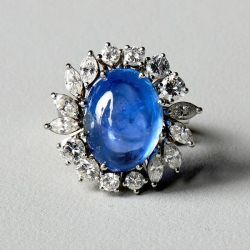 Vintage Halo Blue Sapphire Oval Cabochon Cut Engagement Ring