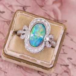 Vintage Oval Cut Cabochon Opal & White Sapphire Engagement Ring For Women