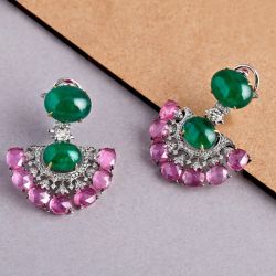 Vintage Oval Cut Cabochon Emerald & Ruby Sapphire Drop Earrings For Women