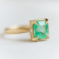 Golden Asscher Cut Emerald Sapphire Hidden Halo Engagement Ring