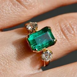 Golden Emerald Cut Emerald Sapphire Three Stone Engagement Ring For Women