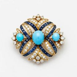 Vintage Oval Cut Turquoises & White & Blue Sapphire Brooch For Women