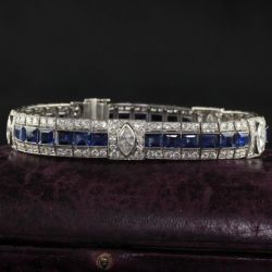 Art Deco Marquise Cut White & Blue Sapphire Tennis Bracelet For Women