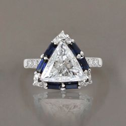 Unique Halo Triangle Cut White & Blue Sapphire Engagement Ring