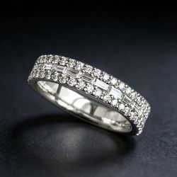 Triple Row Round & Baguette Cut White Sapphire Half Eternity Wedding Band For Women