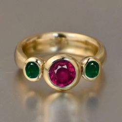 Bezel Round & Oval Cut Ruby & Emerald Sapphire Three Stone Engagement Ring