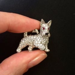 Pave Setting Round Cut White & Ruby Sapphire Dog Design Brooch Pin