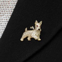 Pave Setting Round Cut White & Ruby Sapphire Dog Design Brooch Pin