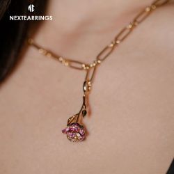 Unique Round Cut Pink Sapphire Rose Charm Pendant Necklace For Women