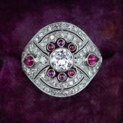 Art Deco Round & Pear Cut Cabochon White & Ruby Sapphire Cocktail Ring