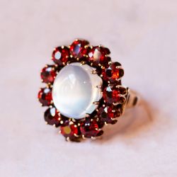 Antique Halo Oval Cut White & Garnet Sapphire Engagement Ring For Women