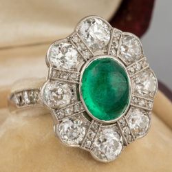 Antique Halo Oval Cut Cabochon Emerald Sapphire Engagement Ring For Women