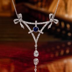 Art Deco Round & Pear Cut White & Blue Sapphire Pendant Necklace