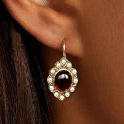 Golden Halo Oval Cut Garnet Sapphire & Pearl Drop Earrings For Women