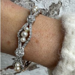 Antique Two Tone White Sapphire & Pearl Bangle Bracelet For Women