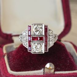 Art Deco Round & Baguette Cut White & Ruby Sapphire Engagement Ring