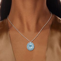Double Halo Oval Cut Aquamarine & White Sapphire Pendant Necklace