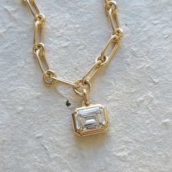 Golden Emerald Cut White Sapphire Pendant Necklace For Women