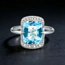 Vintage Aquamarine Sapphire Cushion & Round Cut Engagement Ring