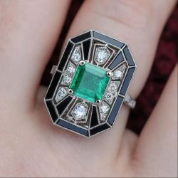 Art Deco Milgrain Emerald Sapphire Asscher & Round Cut Engagement Ring 