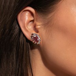 Golden Halo Marquise Cut Garnet Sapphire Stud Earrings For Women 