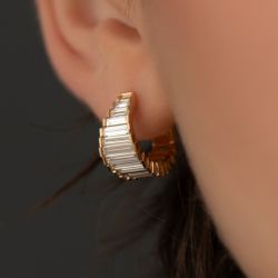 Golden White Sapphire Baguette Cut Hoop Earrings For Women
