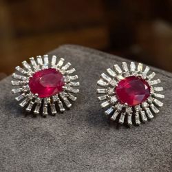 Halo Cushion Cut Ruby & White Sapphire Stud Earrings For Women