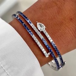 Triple Row Pear & Round Cut White & Blue Sapphire Bangle Bracelet