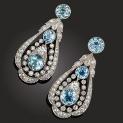 Vintage Halo Round Cut Aquamarine & White Sapphire Drop Earrings