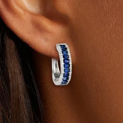 Nextearrings Blue & White Sapphire Emerald Cut Triple Row Hoop Earrings For Women