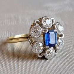 Two Tone Halo Emerald & Round Cut Blue & White Sapphire Engagement Ring