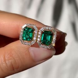 Golden Halo Emerald Cut Emerald Sapphire Stud Earrings For Women