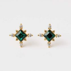 Golden Bezel Asscher Cut Emerald & White Sapphire Stud Earrings