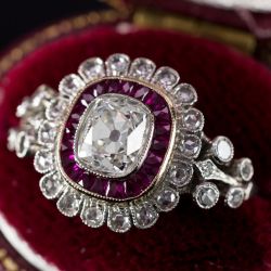 Art Deco Double Halo Two Tone Cushion Cut White & Ruby Sapphire Engagement Ring