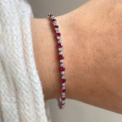 Round Cut Ruby & White Sapphire Tennis Bracelet For Women