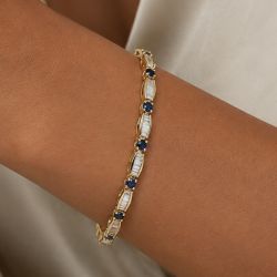 Golden Round & Baguette Cut Blue & White Sapphire Tennis Bracelet