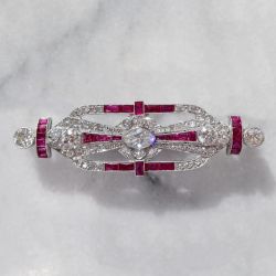 Art Deco Marquise & Baguette & Round Cut Ruby & White Sapphire Brooch Pin